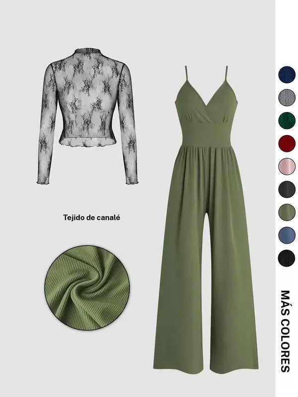 Ensemble deux pièces combishort et tee-shirt en dentelle de couleur unie pour femme, ensemble élégant et décontracté avec combishort dos zippé et haut à manches longues pour le quotidien et l'extérieur, vêtements pour femme pour le printemps et l'automne