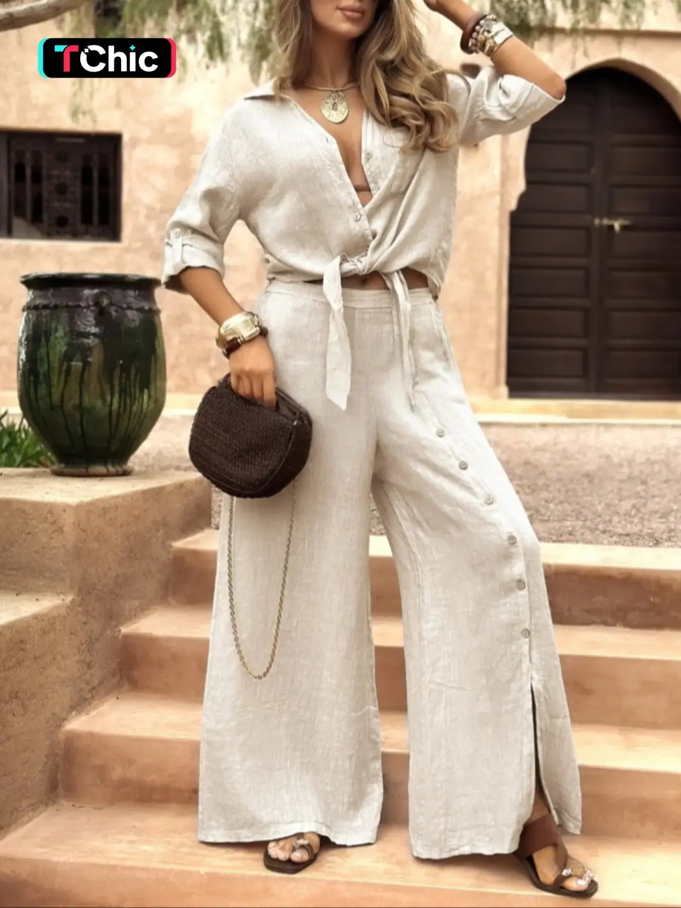 Ensemble chemise ample à manches longues pour femme avec ourlet à nouer, pantalon large décoré d'un seul bouton, tenue décontractée toutes saisons