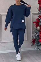 (NESSUNA STAMPA SUL RETRO) Completo da donna casual tinta unita girocollo manica lunga felpa con spacchi e leggings