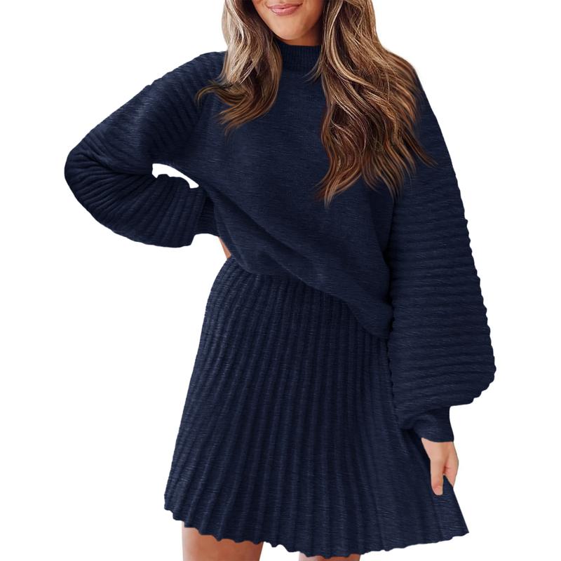 Ensembles 2 Pièces Femme 2025 Pulls Col Montant Manches Longues Côtelés et Mini-Jupe