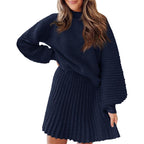 Ensembles 2 Pièces Femme 2025 Pulls Col Montant Manches Longues Côtelés et Mini-Jupe