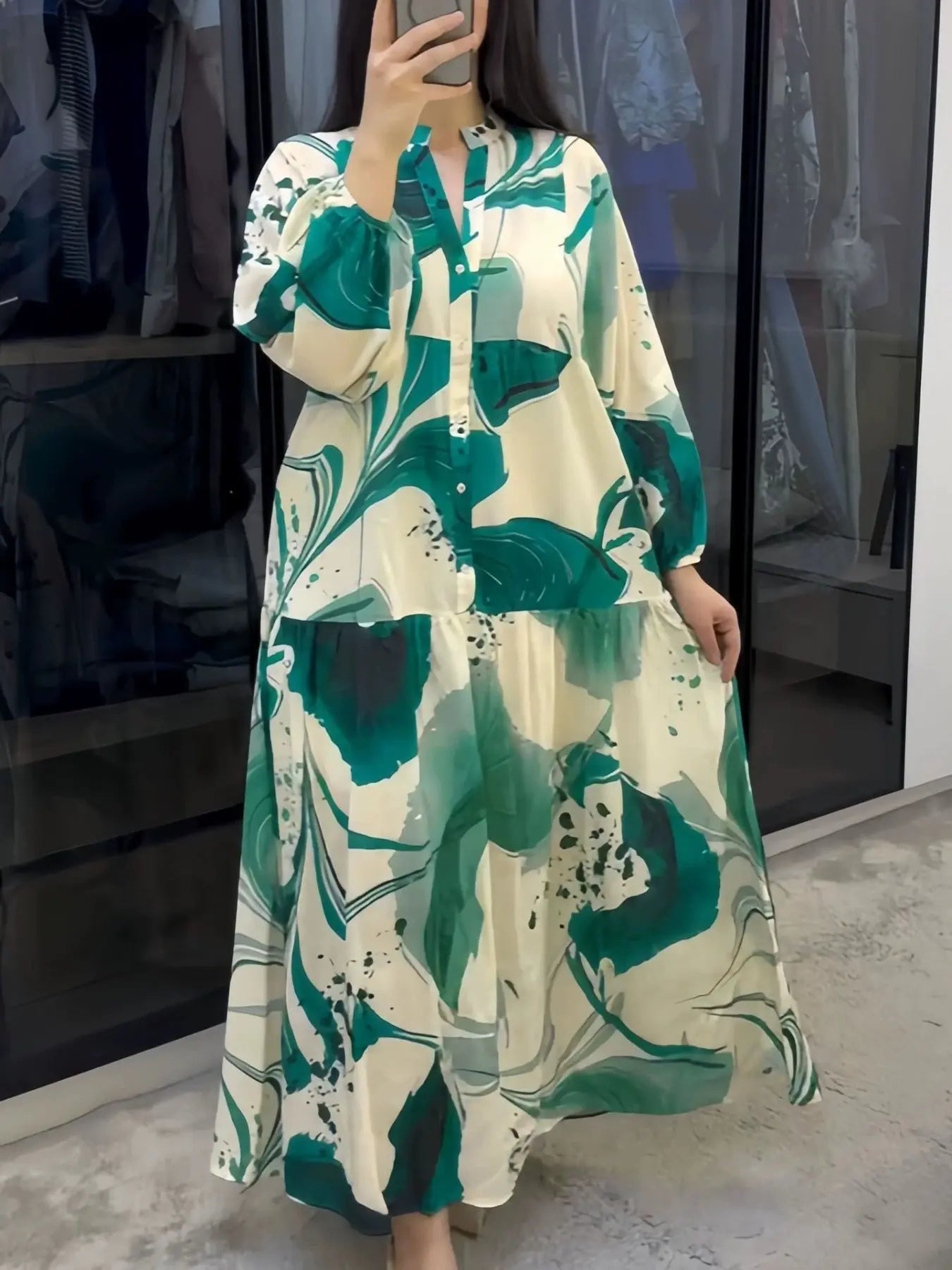 Robe longue florale à manches longues 2026, robe longue décontractée polyvalente à col en V, coupe ample style élégant pour femmes