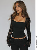 Maglietta da donna a maniche lunghe in pizzo floreale a tinta unita con volant, maglietta a maniche lunghe trasparente con motivo floreale sexy slim-fit per feste in discoteca, abbigliamento estivo da donna, top