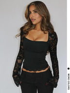 Maglietta da donna a maniche lunghe in pizzo floreale a tinta unita con volant, maglietta a maniche lunghe trasparente con motivo floreale sexy slim-fit per feste in discoteca, abbigliamento estivo da donna, top