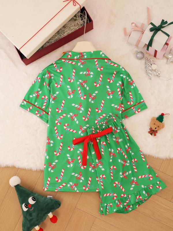 Completo pigiama da donna di 2 pezzi, pantaloncini a maniche corte, con stampa a bastoncino di zucchero natalizio, bottoni, colletto, fiocchi, adatto per un abbigliamento comodo e casual in casa per tutte le stagioni