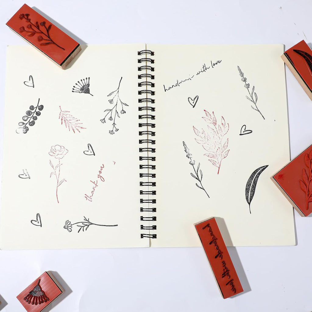 12 Pcs Vintage Wooden Rubber Stamps, Plant and Flower Decorative Wooden Rubber Stamp Set for Art DIY Craft Scrapbooking Journals Card Making Letters
