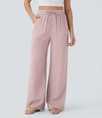 Pantalon ample taille haute en lin avec cordon de serrage et grandes poches