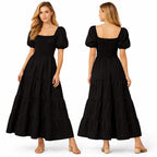 Longue robe smockée pour femme, manches bouffantes, coupe fluide à volants, style élégant pour l'été.