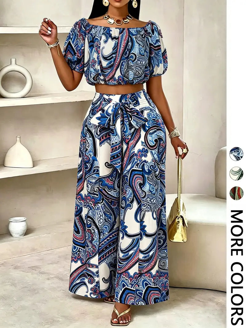Ensemble pantalon femme couleur unie à jambes larges, haut décontracté à épaules dénudées et pantalon palazzo pour l'été, tenue de vacances à la plage pour femme.