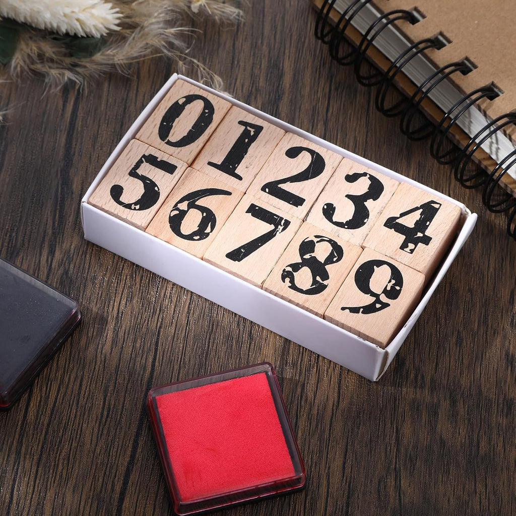 10 Pcs Number Stamps Set, Wooden Number Rubber Stamps 0-9 with 2 Colors Stamp Pad, Craft Ink Digits Stamp for Calendar Scrapbooking Card Making DIY Crafting Back to School Supplies Gifts