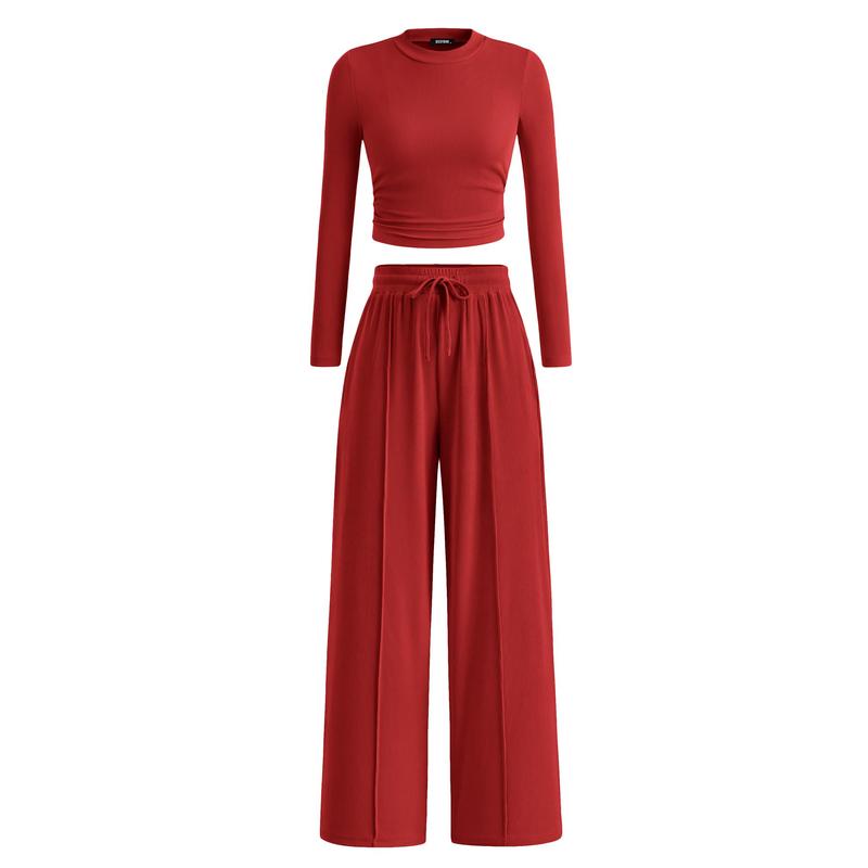 Ensemble de salon assorti 2 pièces en tricot côtelé : haut court à manches longues et pantalon large