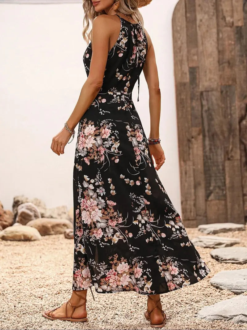Robe longue ajustée d'été sans manches de style bohème avec dos noué, imprimé floral fendu et motif tour de cou, série élégante imprimée