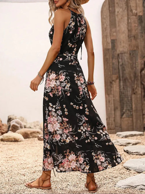 Robe longue ajustée d'été sans manches de style bohème avec dos noué, imprimé floral fendu et motif tour de cou, série élégante imprimée