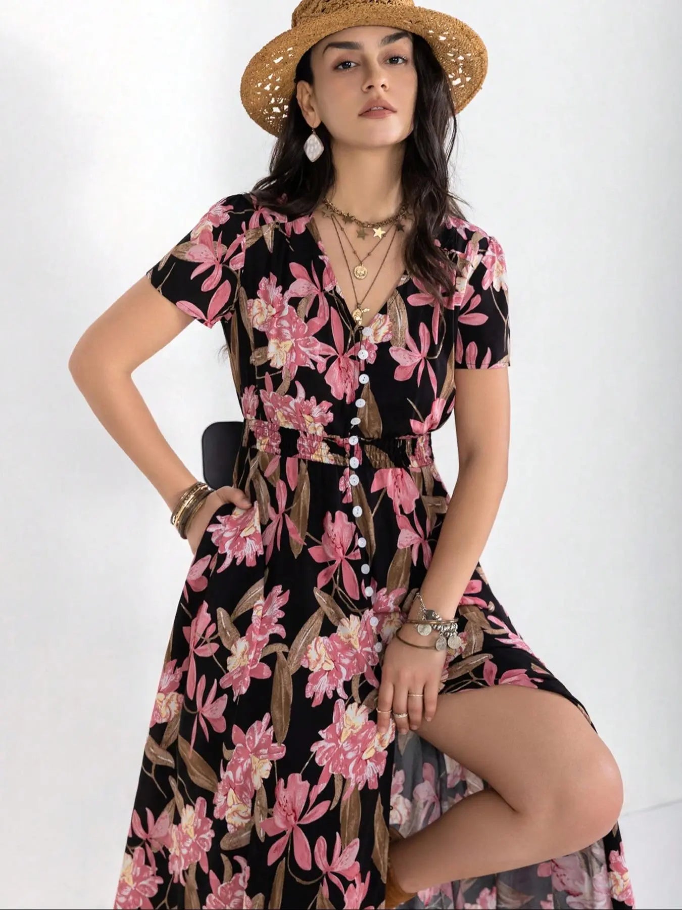 Vestito casual bohémien da donna con stampa floreale e bottoni, vestito da spiaggia estivo da donna con scollo a V, maniche corte, vestito chic e casual.