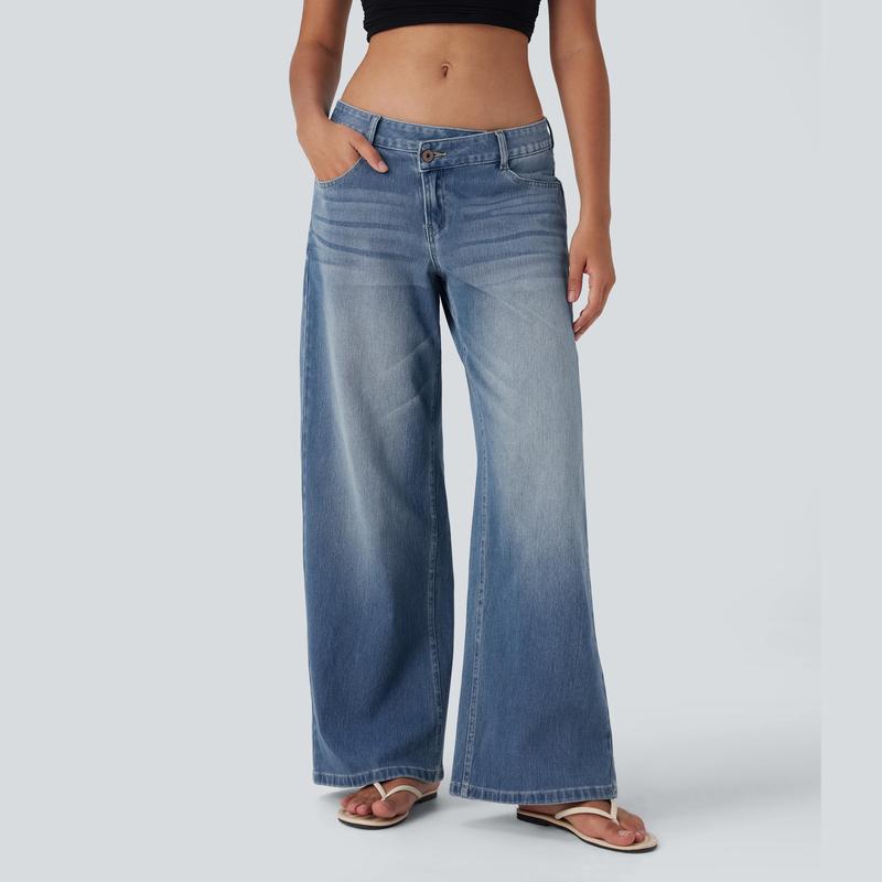 Jeans casual asimmetrici a vita bassa con tasche con cerniera, taglio ampio e slavato
