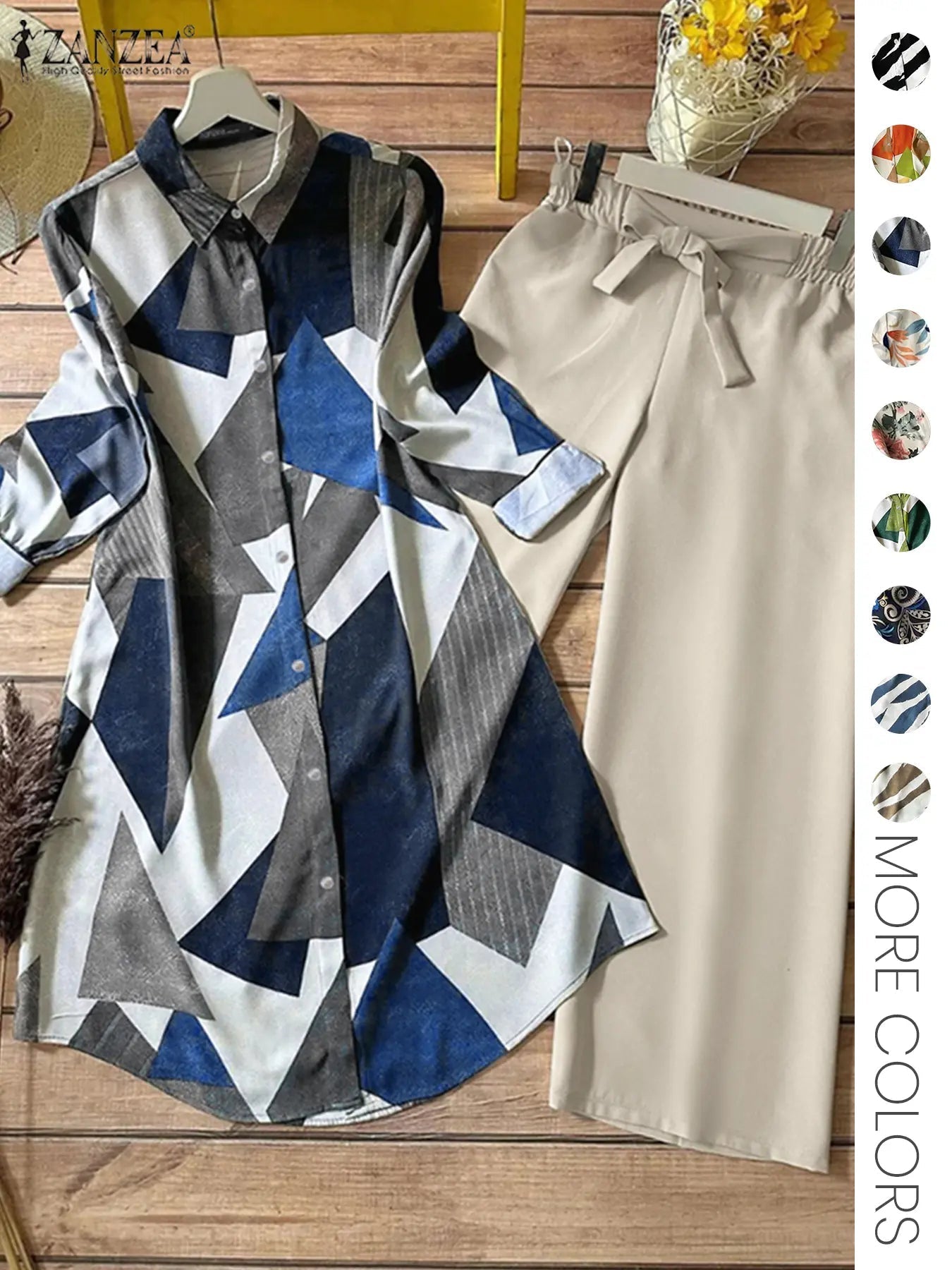 Set Due Pezzi da Donna Stampa All-Over Camicia Bottoni & Pantaloni a Gamba Larga, Top Casual a Maniche Lunghe con Colletto & Pantaloni per Uso Quotidiano, Abbigliamento Donna per Tutte le Stagioni