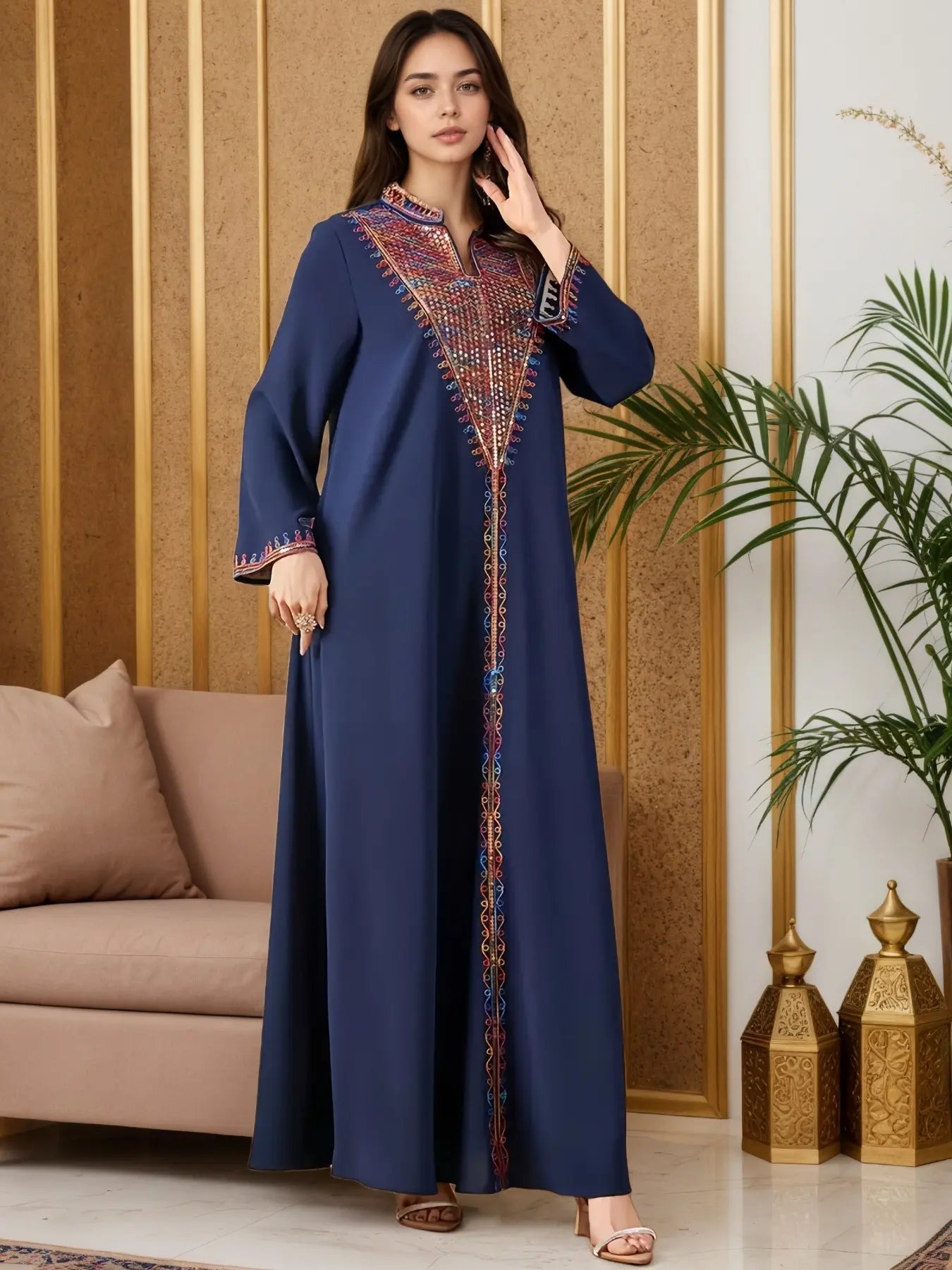 Elegante Abito Lungo Musulmano da Donna con Ricamo Colorato, Perfetto per Tutte le Stagioni, Abbigliamento Elegante e Confortevole, Abiti Musulmani da Donna