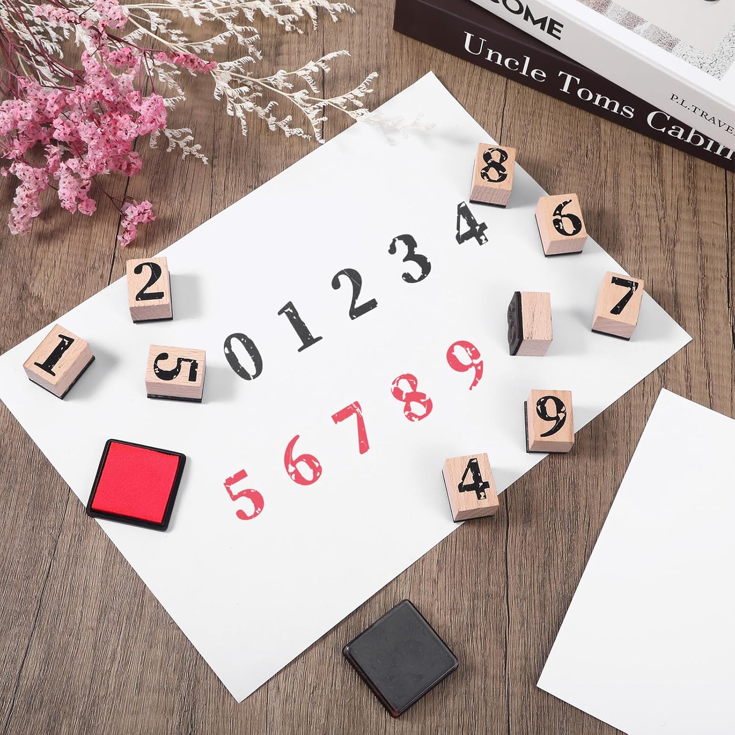 10 Pcs Number Stamps Set, Wooden Number Rubber Stamps 0-9 with 2 Colors Stamp Pad, Craft Ink Digits Stamp for Calendar Scrapbooking Card Making DIY Crafting Back to School Supplies Gifts