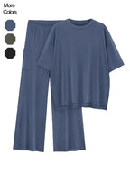 Completo due pezzi da donna tinta unita: t-shirt con spalle scese e pantaloni con elastico in vita