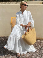 robe tunique évasée à manches en vogue de couleur blanche pour femme, avec un style français élégant