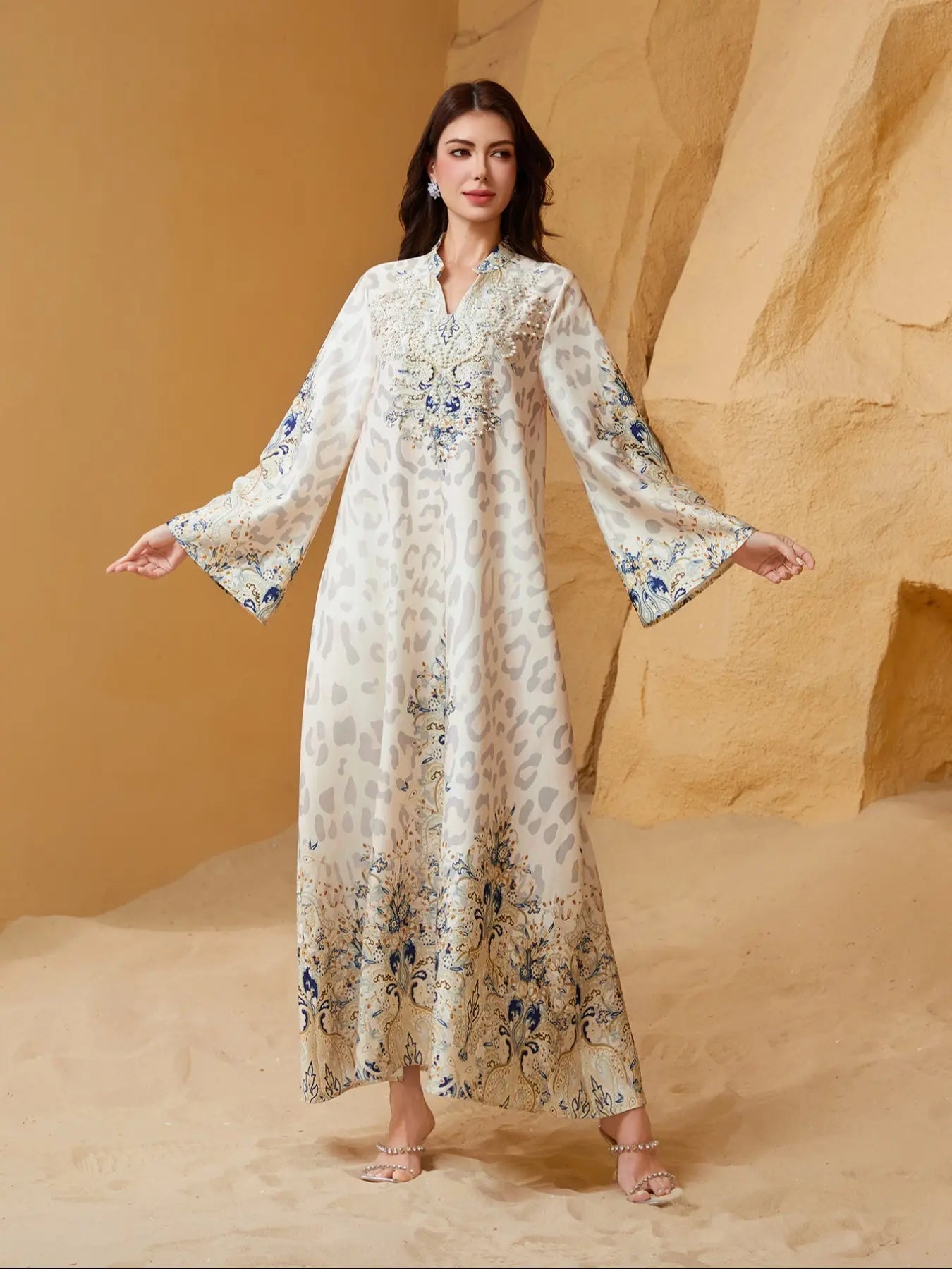 Abito lungo tradizionale da donna con motivo etnico e decorazioni in perle finte, abito lungo boho a maniche lunghe con scollo rotondo per vacanze, cerimonie, matrimoni, abbigliamento musulmano da donna per tutte le stagioni