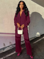 Ensemble deux pièces chemise unie boutonnée et pantalon taille élastique pour femme