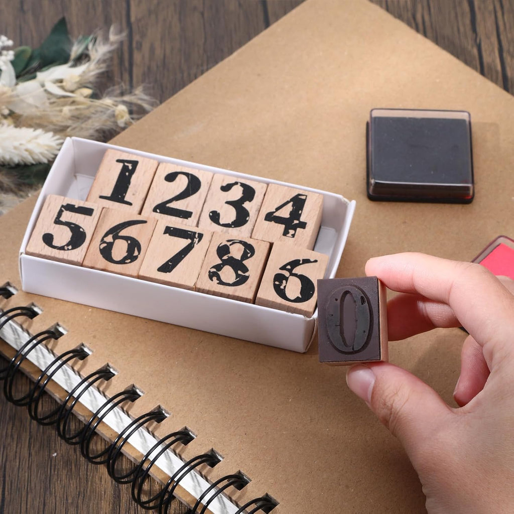 10 Pcs Number Stamps Set, Wooden Number Rubber Stamps 0-9 with 2 Colors Stamp Pad, Craft Ink Digits Stamp for Calendar Scrapbooking Card Making DIY Crafting Back to School Supplies Gifts