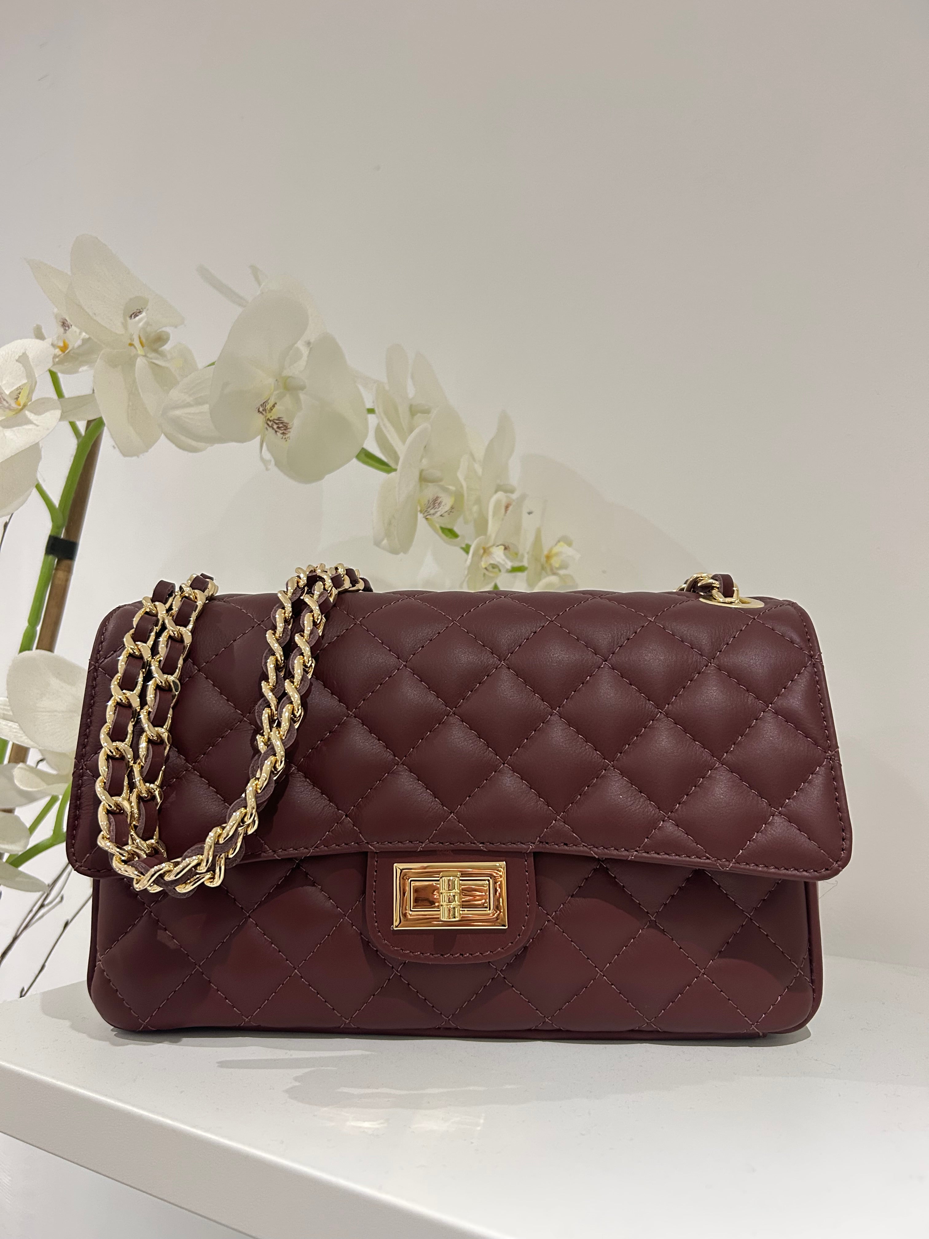 Grand Sac à Main Matelassé en Cuir Véritable avec Fermoir Tournant et Anse Chaîne (8 Couleurs)