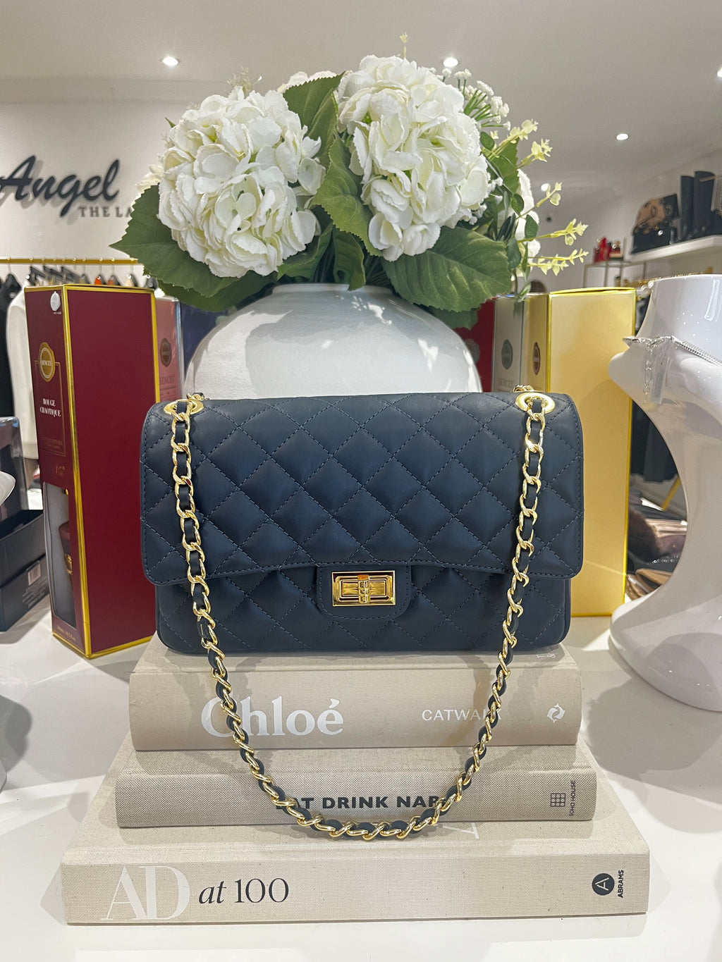 Grand Sac à Main Matelassé en Cuir Véritable avec Fermoir Tournant et Anse Chaîne (8 Couleurs)