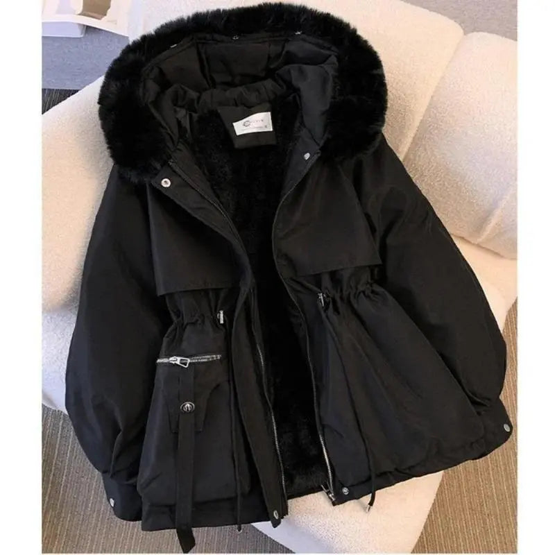Parka mi-longue à capuche en fausse fourrure avec cordon de serrage, vestes doudounes épaisses et chaudes pour femme, manteau d'hiver doublé polaire pour femme