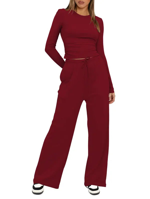Completo da Casa da Donna Tinta Unita con Arricciature e Coulisse, Top Casual a Maniche Lunghe con Scollo Rotondo e Pantaloni a Gamba Larga con Tasche, Pigiama da Donna per Tutte le Stagioni