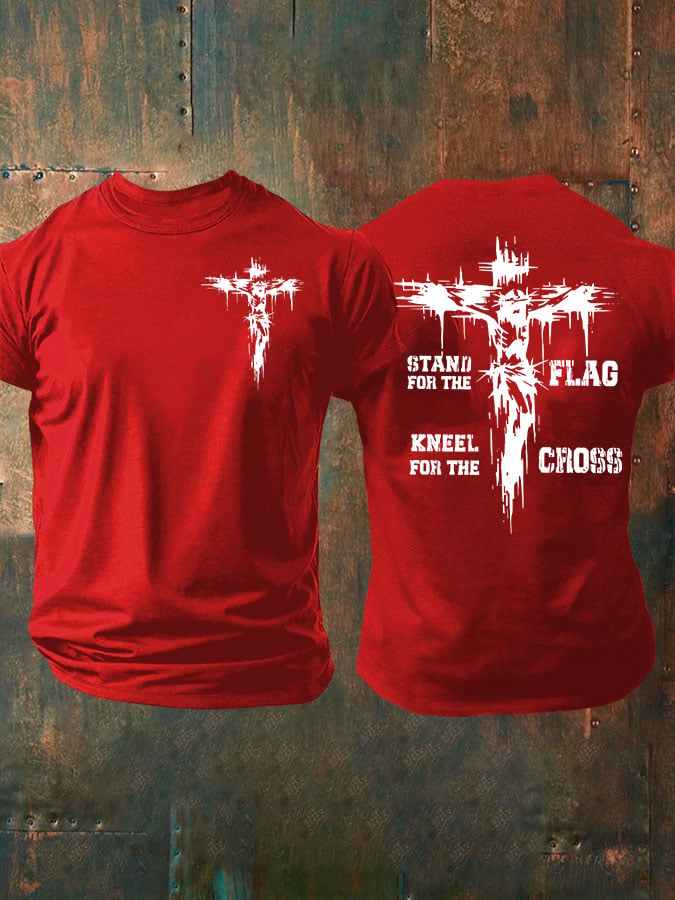 🔥Compra 3 e ottieni il 15% di sconto🔥T-shirt casual stampata da uomo "Stand For The Flag Kneel For The Cross"