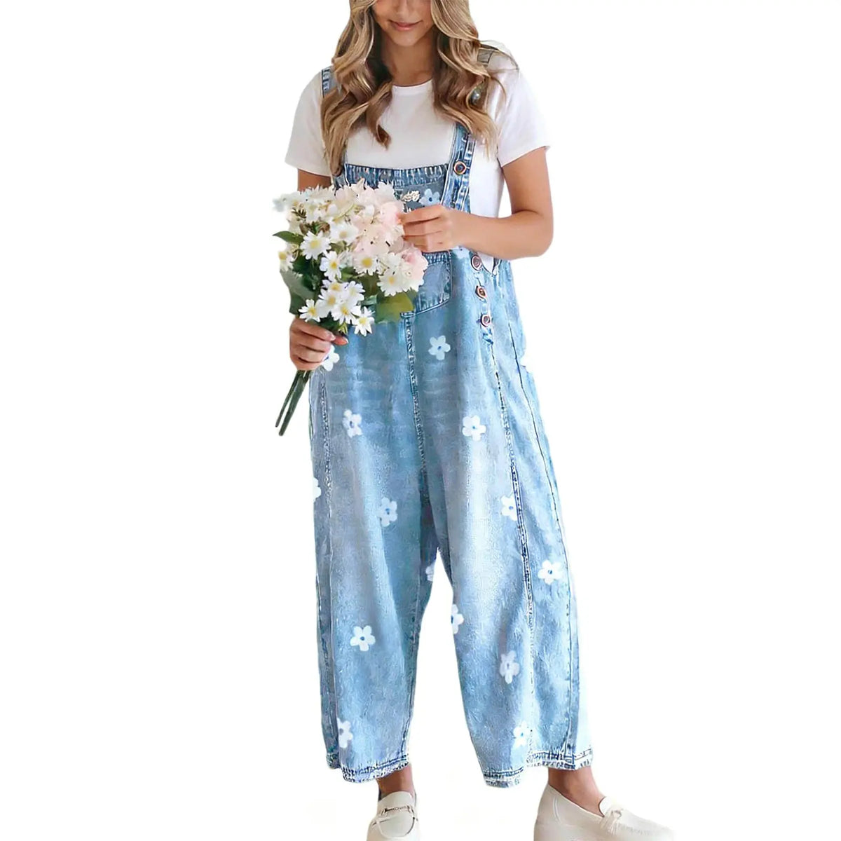 Women's Bib Overalls, Cute Floral Print Denim Jumpsuit with Baggy Wide Leg and Adjustable Straps