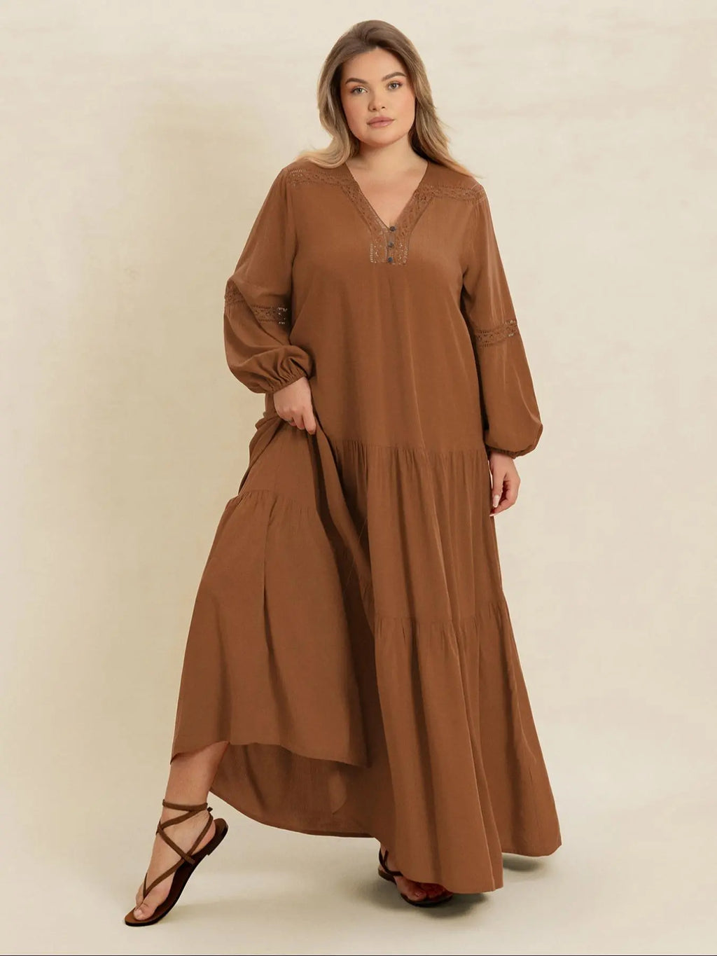 【Grande taille】 Robe longue unie à col en V et manches longues, Robe bohème modeste pour le quotidien, les vacances et les voyages, Vêtements grande taille pour femmes toutes saisons