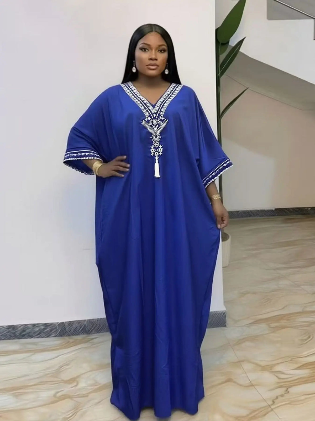 Women's Summer Solid Color Embroidered Fringe Caftan Casual Wear Dress with Pockets and Side Slit