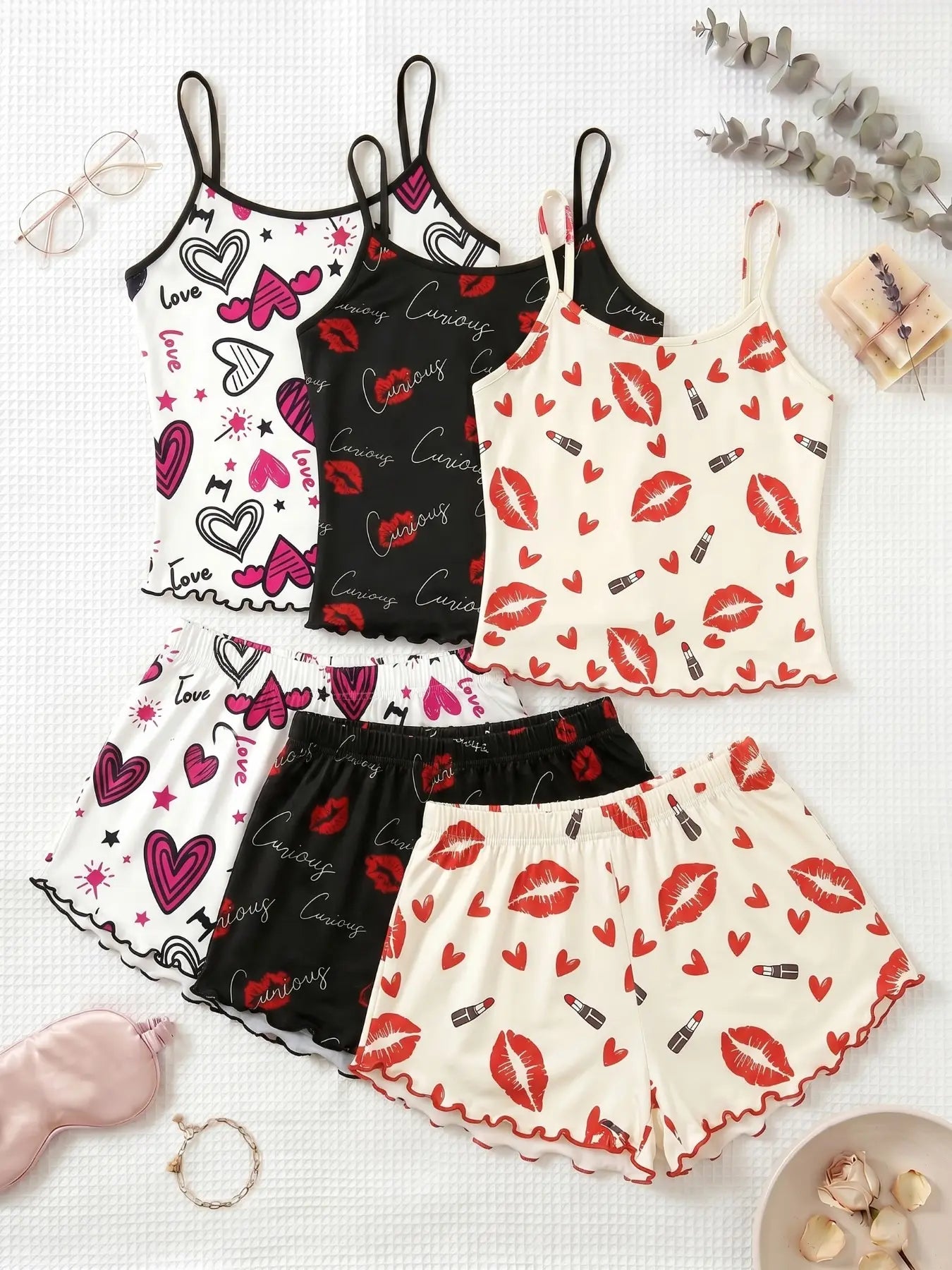 3-Piece Combo,Cherry Print Halter Short Pajamas Set
