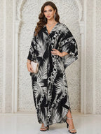 Robe Kaftan fendue à manches chauve-souris et imprimé léopard pour femme, style décontracté et modeste, col en V, manches 3/4, longue robe pour l'automne et l'hiver, vêtements islamiques pour femme pour usage quotidien