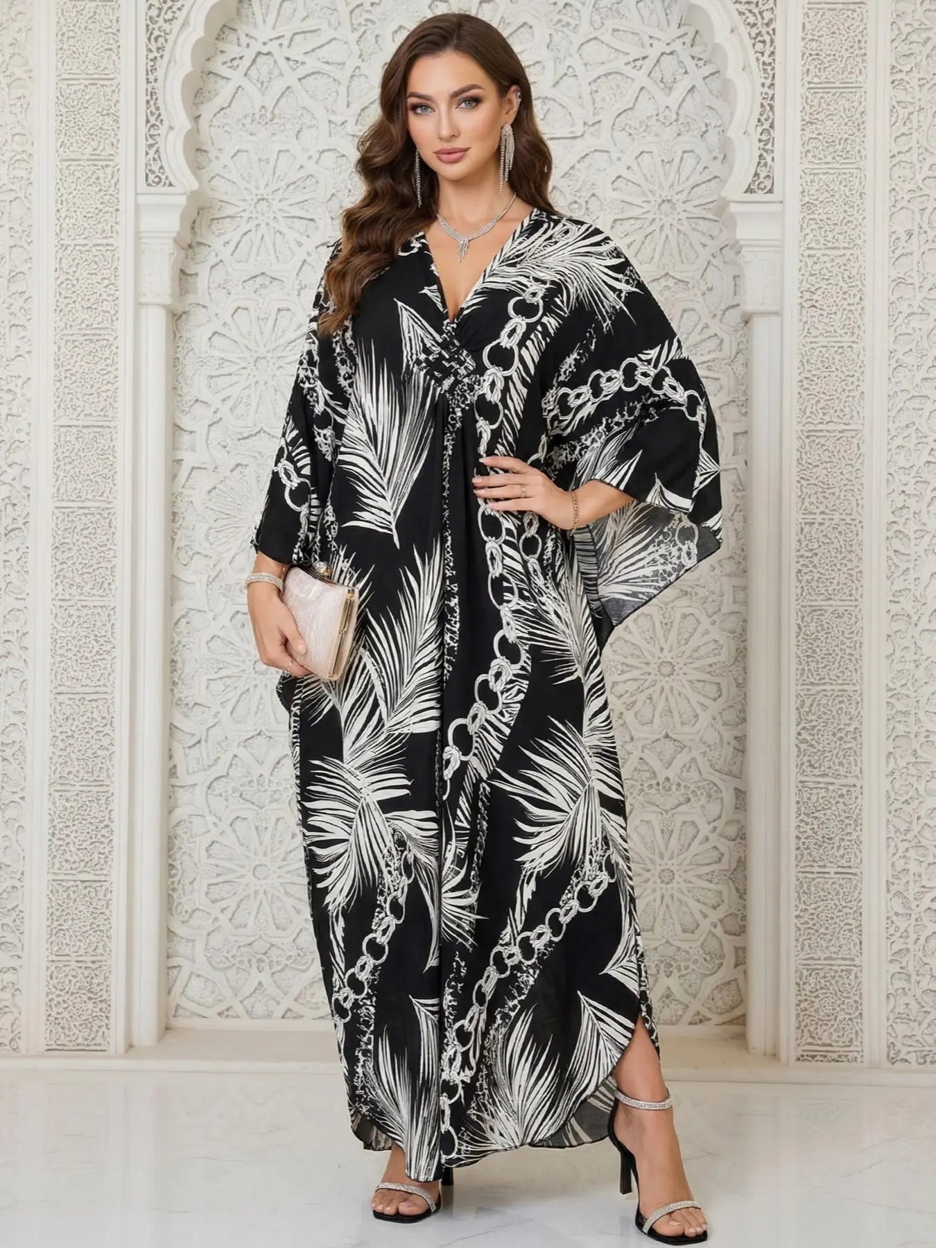 Robe Kaftan fendue à manches chauve-souris et imprimé léopard pour femme, style décontracté et modeste, col en V, manches 3/4, longue robe pour l'automne et l'hiver, vêtements islamiques pour femme pour usage quotidien