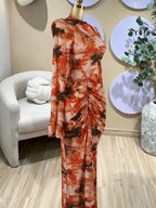 Elegant Women's All Over Print Long Sleeve Ruched Long Prom Dress