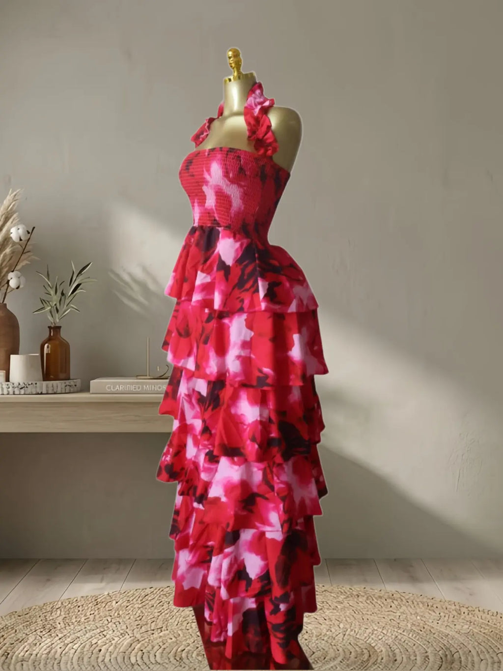 Women's Floral Print Layered Ruffle Midi Maxi Dress