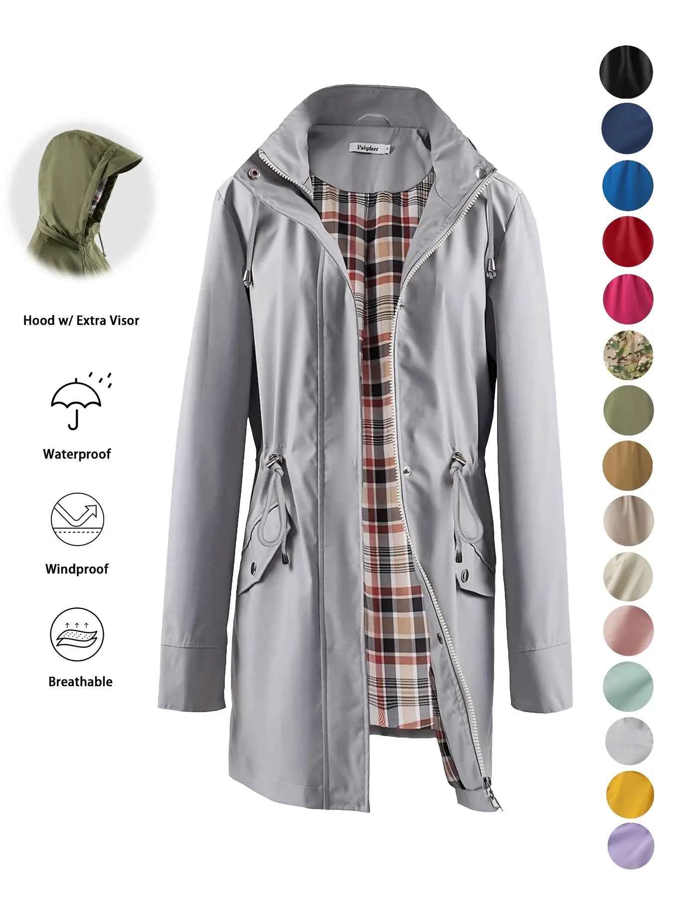 Women's Solid Color Drawstring Zip Up Hooded Trench Coat