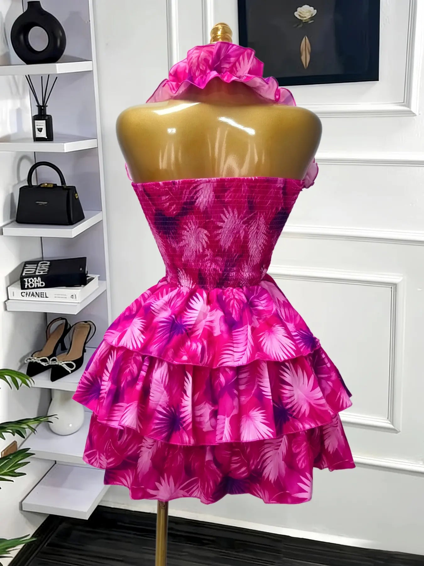 Women's Floral Print Backless Strapless Layered Ruffle Mini Dress