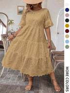 [Grande Taille] Robe unie avec broderie œillets, Robe bohème à col rond pour les vacances et le quotidien – Vêtements d'été pour femmes