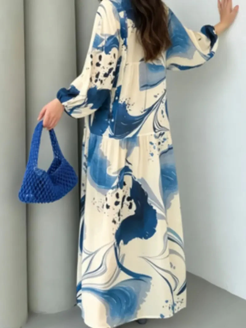 Robe longue florale à manches longues 2026, robe longue décontractée polyvalente à col en V, coupe ample style élégant pour femmes