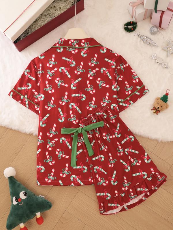 Ensemble pyjama court à manches courtes avec 2 pièces de cannes de Noël imprimées pour femmes, avec boutons, cols et nœuds, adapté pour un port confortable et décontracté à la maison en toutes saisons