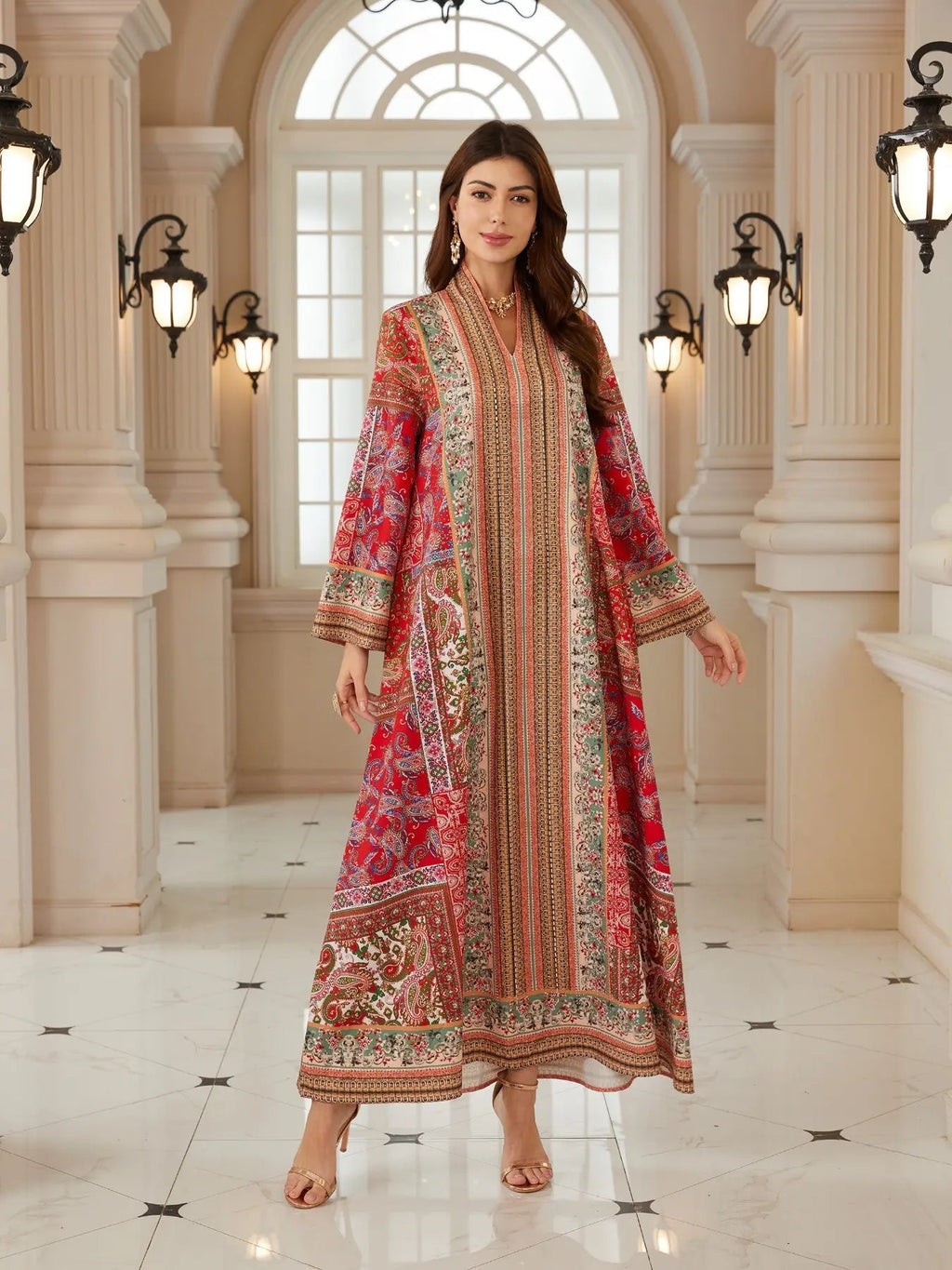 Vestito caftano con perline e stampa bohémien, Abito lungo da sera in stile abaya Jalabiya, Nuova moda femminile mediorientale, Abito elegante da festa, Caftano con stampa etnica