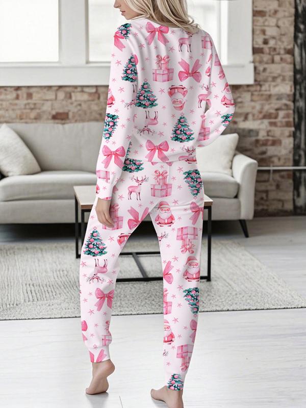 Ensemble décontracté imprimé de Noël pour femme, haut à manches longues et col en V et pantalon ceinturé, vêtements d'intérieur et pyjamas pour femme, mode printemps et automne
