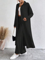 Women's Solid Button Front Shirt & Wide Leg Pants Two-piece Set, Casual Drop Shoulder Long Sleeve Top & Trousers Set, Women's Clothes for Daily Wear