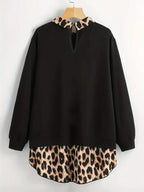 [Grande Taille] Sweat-shirt léopard à ourlet incurvé, sweat-shirt décontracté à manches longues pour l'automne et l'hiver, vêtements pour femmes pour un usage quotidien