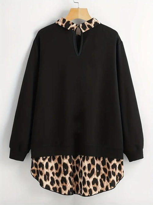 [Grande Taille] Sweat-shirt léopard à ourlet incurvé, sweat-shirt décontracté à manches longues pour l'automne et l'hiver, vêtements pour femmes pour un usage quotidien